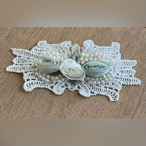 Handcrafted White Lace Hair Brooch with Ivory and Mint Fabric Roses